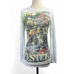 Vintage Y2K Western Grunge Shirt Size M All Over Graphics Sequins Quotes